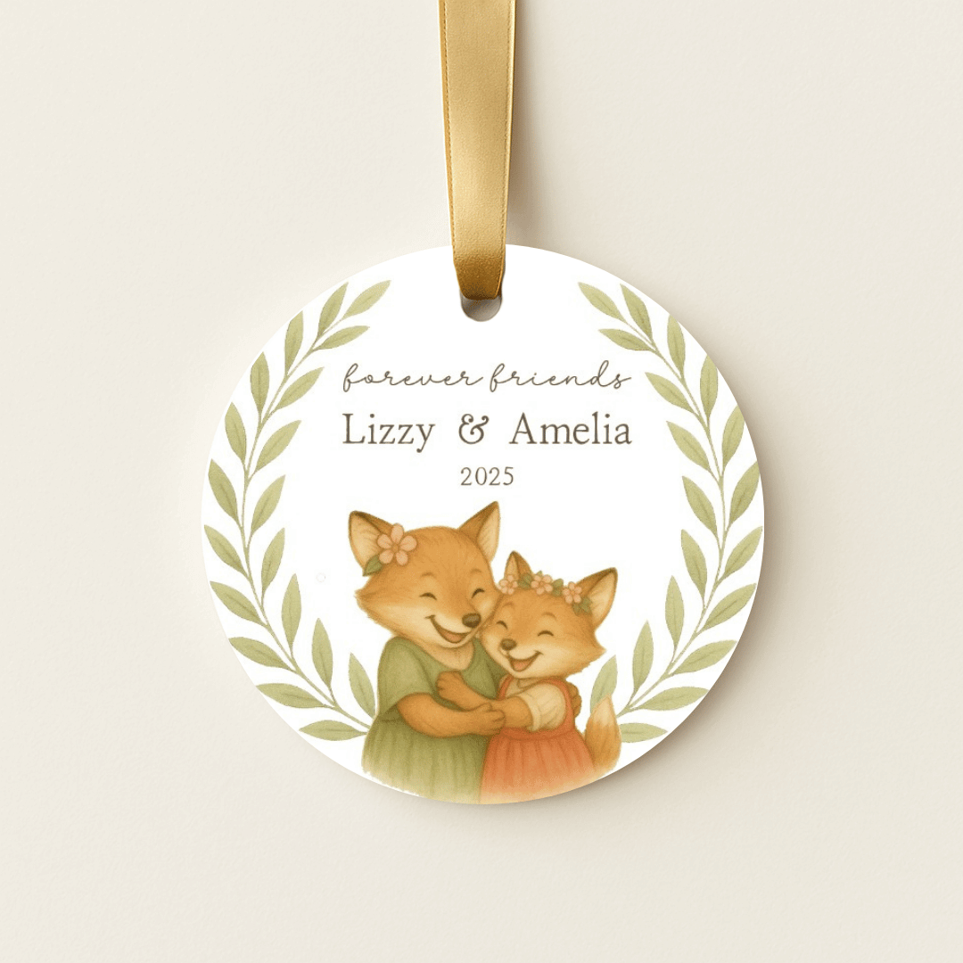 Personalized ceramic Christmas ornament with hugging foxes, for sisters or young girls