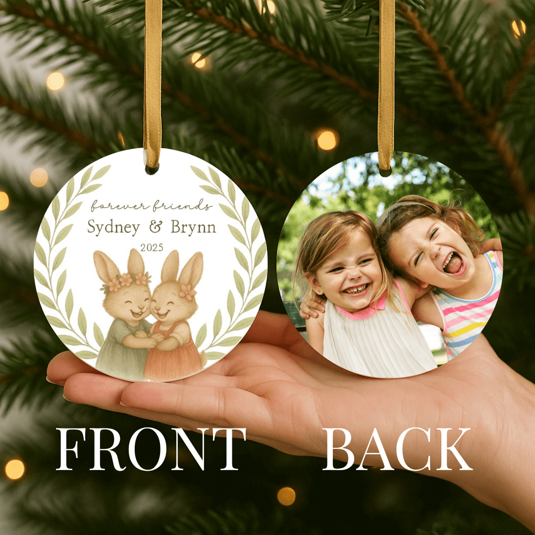 Personalized ceramic Christmas ornament with hugging bunnies on the front and a photo on the back, for sisters or young girls