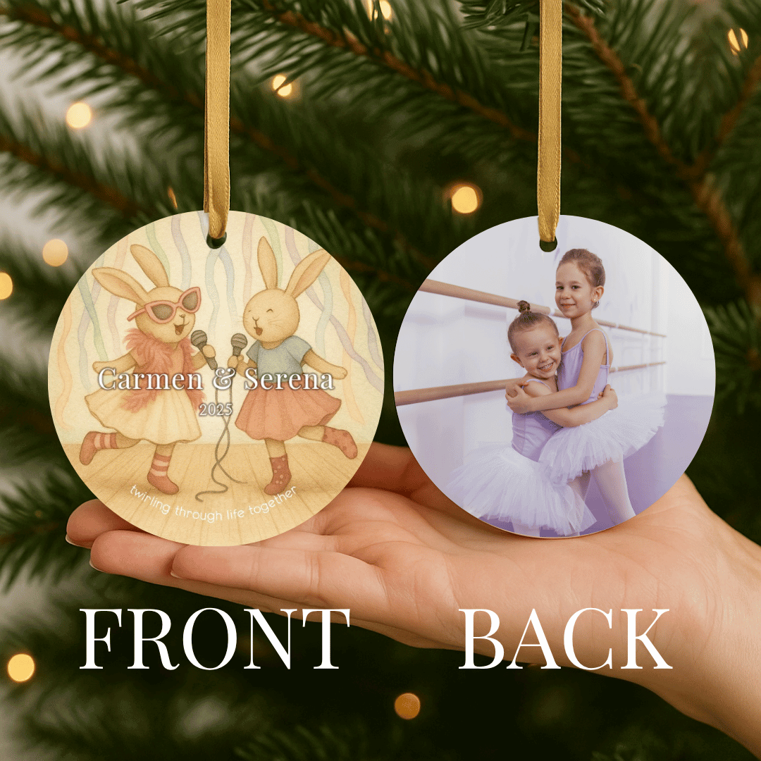 Personalized ceramic Christmas ornament with dancing bunnies on one side and a photo on the back, for sisters or young girls