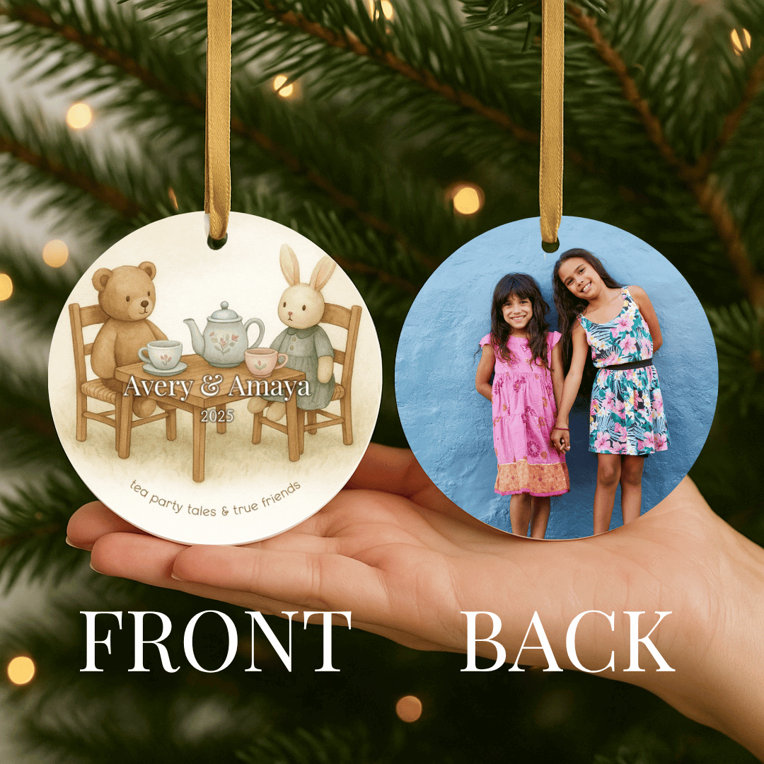 Personalized ceramic Christmas ornament with a tea party theme on one side and a photo on the back, for sisters or young girls