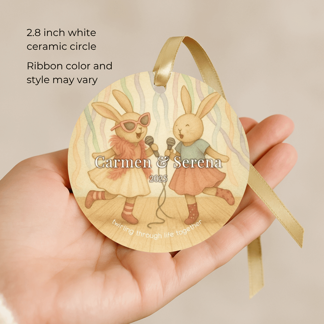 Personalized ceramic Christmas ornament with dancing bunnies, for sisters or young girls