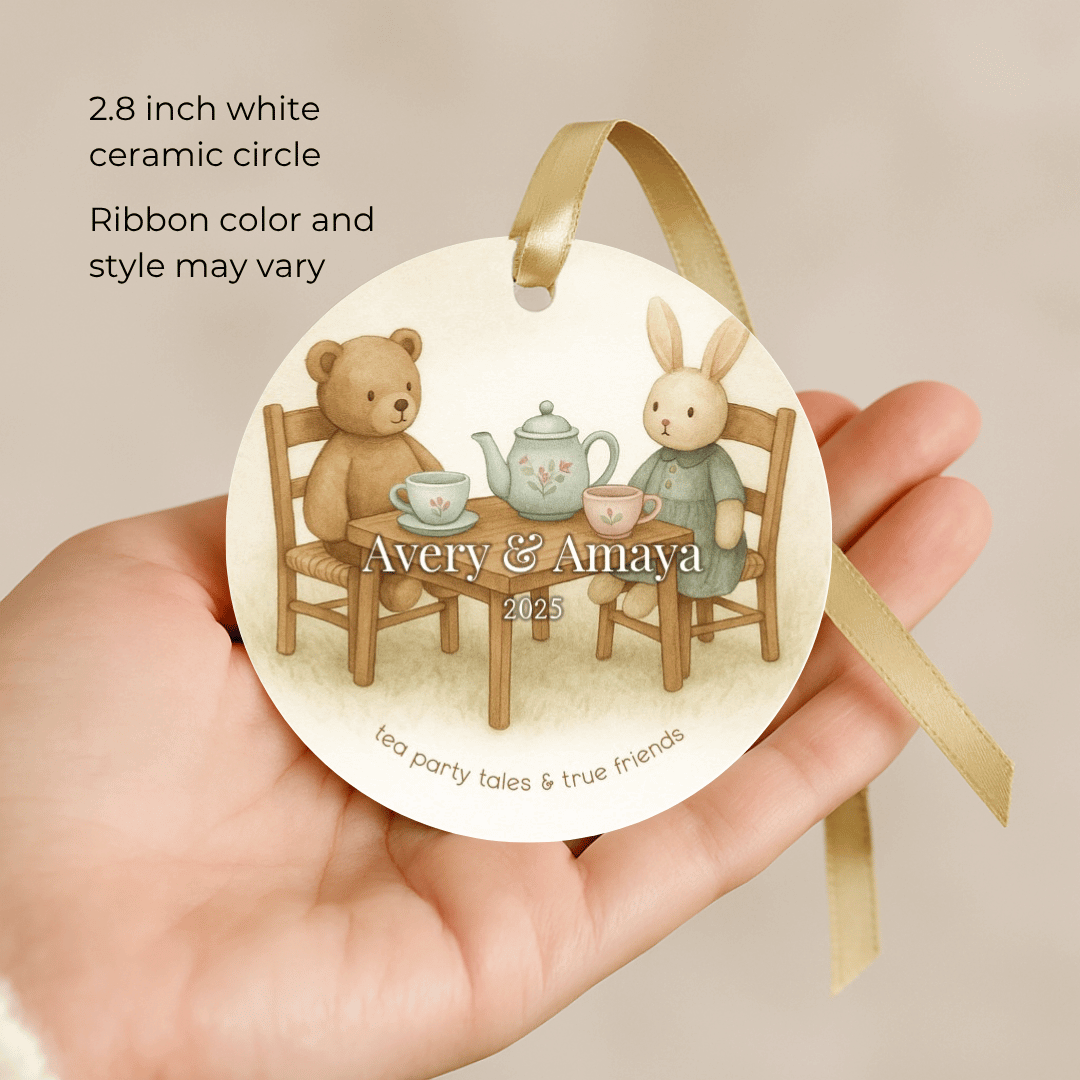Personalized ceramic Christmas ornament with a tea party design, for sisters or young girls