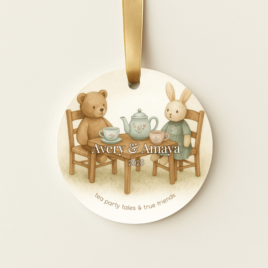 Personalized ceramic Christmas ornament with a tea party design, for sisters or young girls