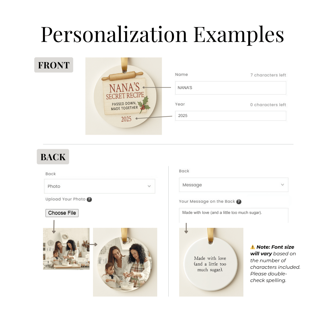 Personalization examples for ceramic christmas ornaments