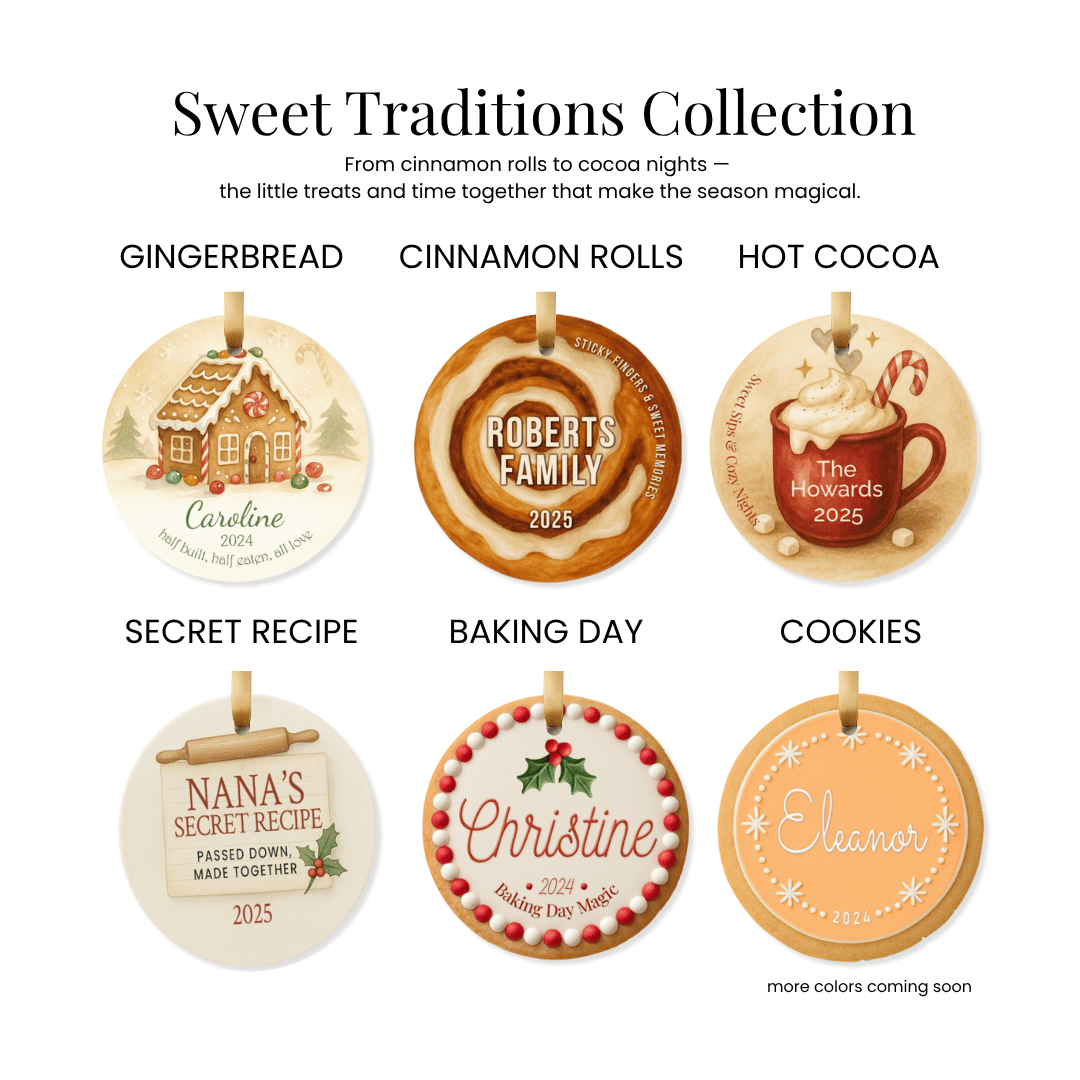 Sweet Traditions Collection ornaments with various designs and text on a white background