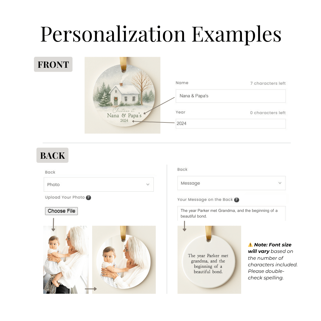 Product page with customization options for a personalized Christmas ornament, including text input fields and photo upload areas.