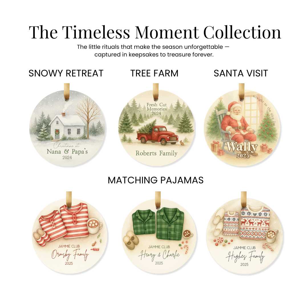 Timeless Moment Collection of Christmas ornaments with various designs and text, including &