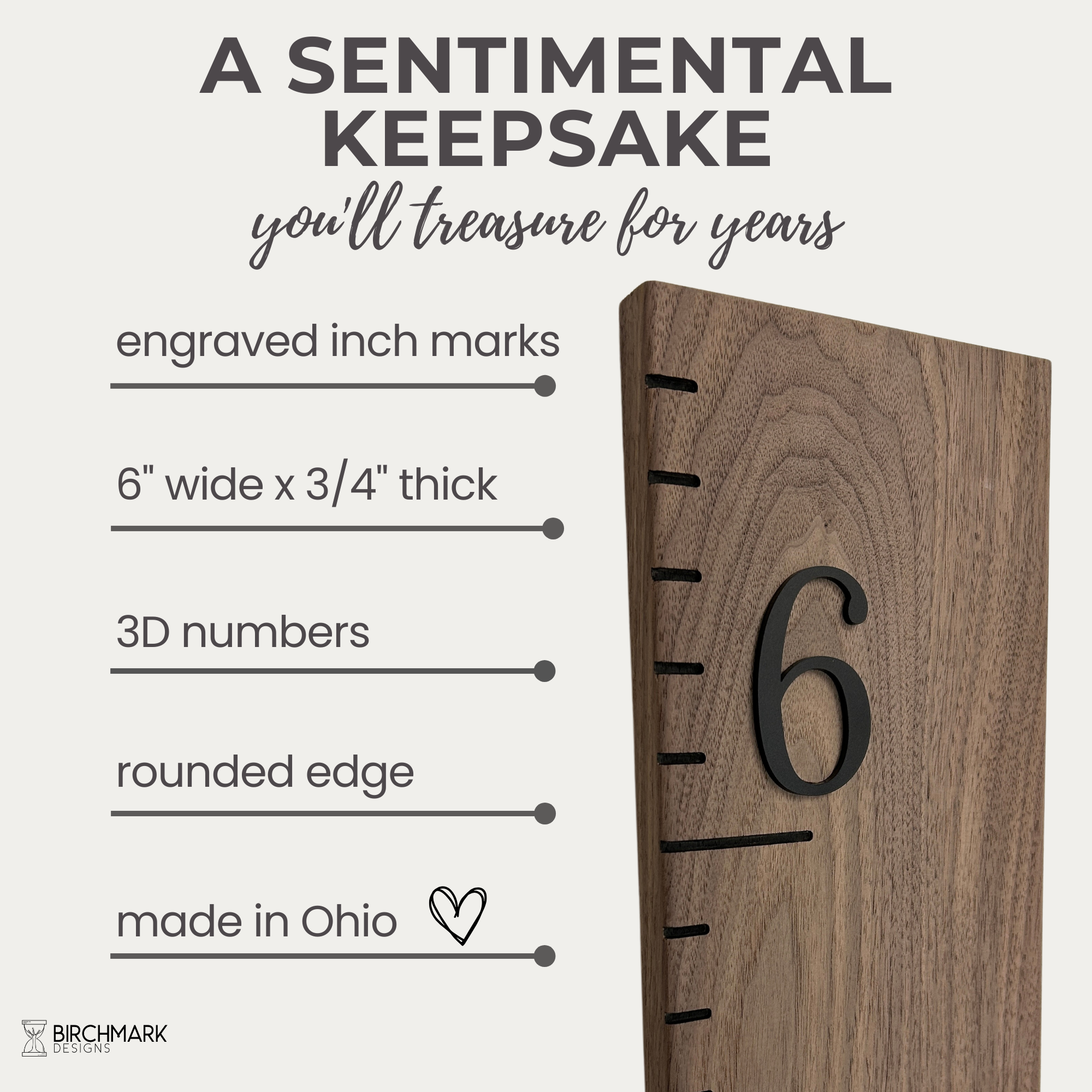 Solid walnut growth chart ruler details