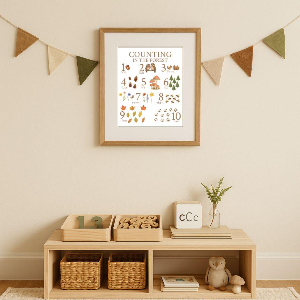 Framed educational poster on a wall with a wooden shelf below containing toys and decor, for an early learning or homeschool classroom