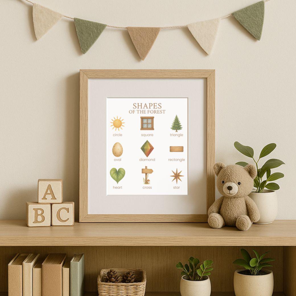 Woodland shapes for an early learning classroom, framed next to alphabet blocks