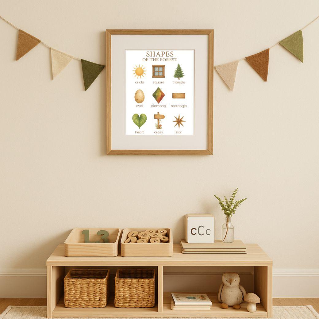 Woodland shapes poster for early learning classroom, framed over a table