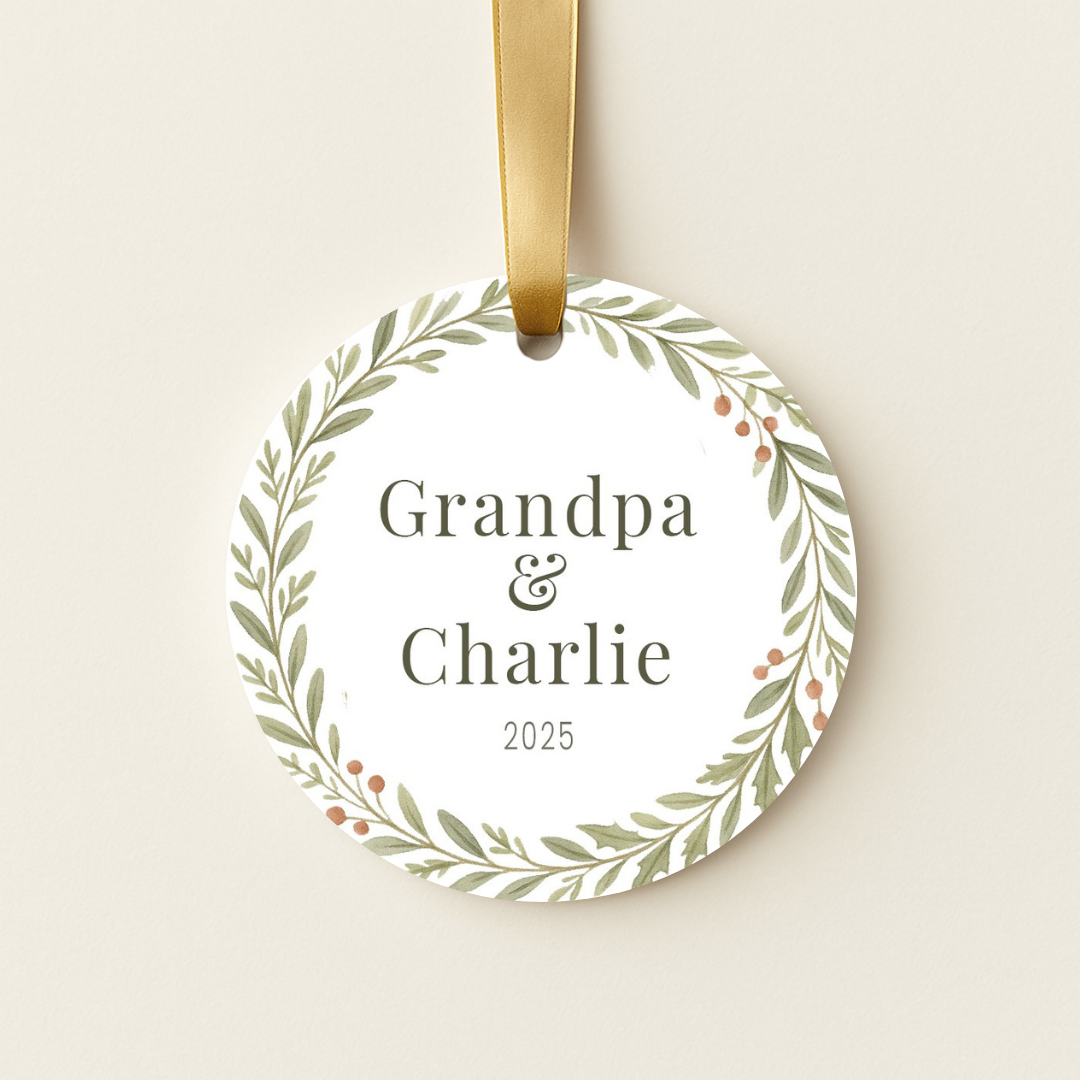 Personalized Christmas ornament with a delicate wreath of sprigs and berries