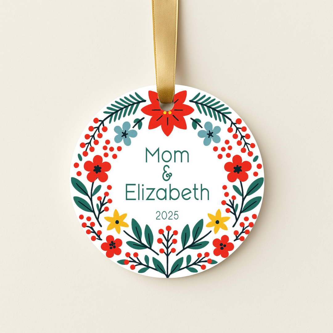 Decorative personalized Christmas ornament with floral wreath design