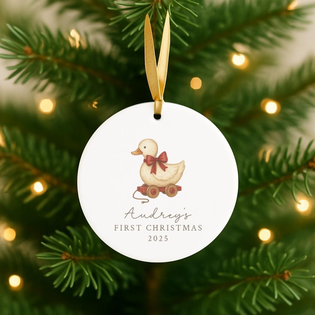 Christmas ornament with duck pull toy illustration for a baby&