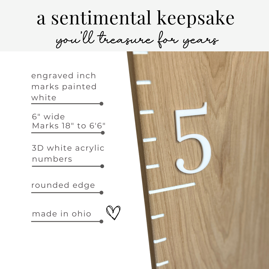 Close-up of hickory wood grain on a growth ruler with painted white measurement lines