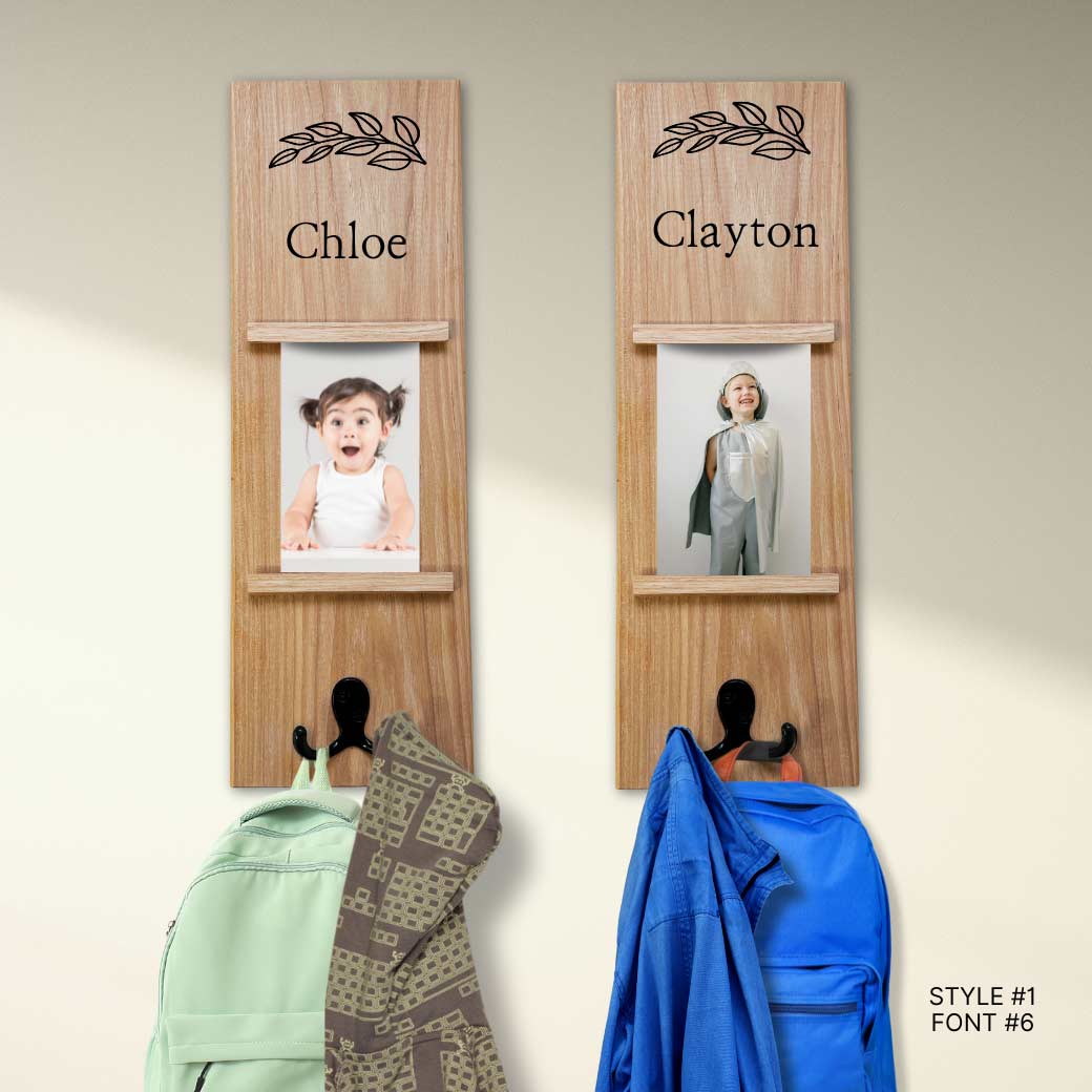 Hardwood coat rack with name and photo area, ideal for entryways, mudrooms, or bedrooms.