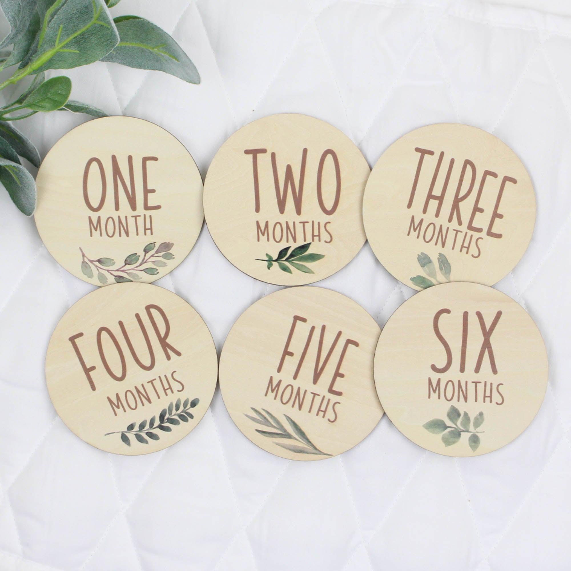 Six double-sided milestone discs from one-month to twelve-months from Birchmark Designs