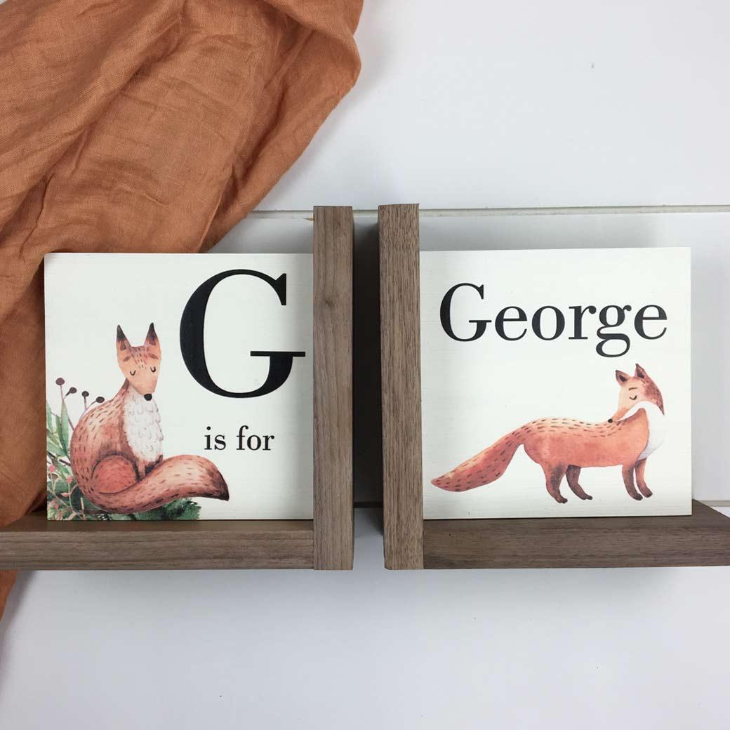 L shaped woodland fox nursery bookends