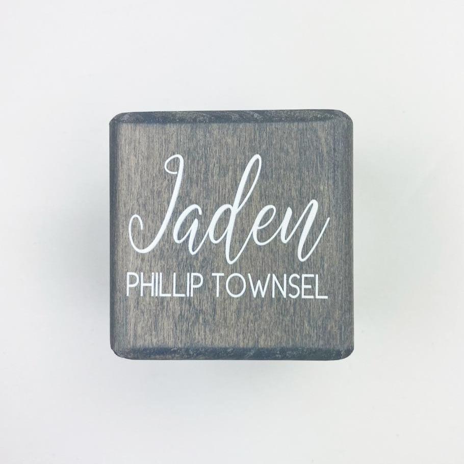 Custom, solid wood birth stat block details baby's arrival