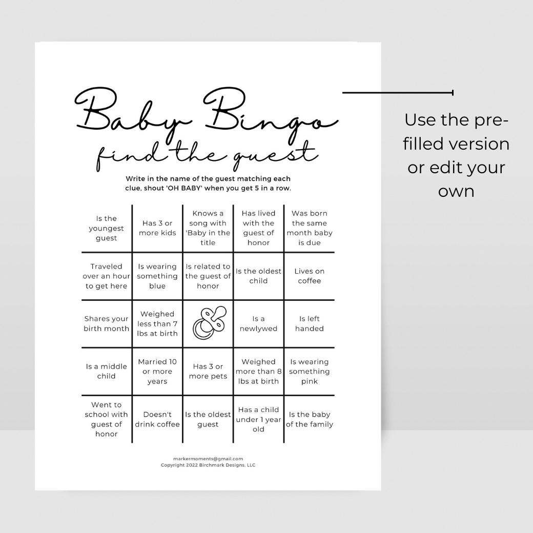 Printable Baby Shower Bingo by Birchmark Designs