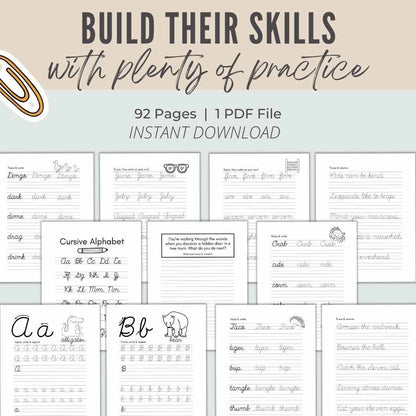 Cursive Handwriting Practice Worksheets for Kids by Birchmark Designs