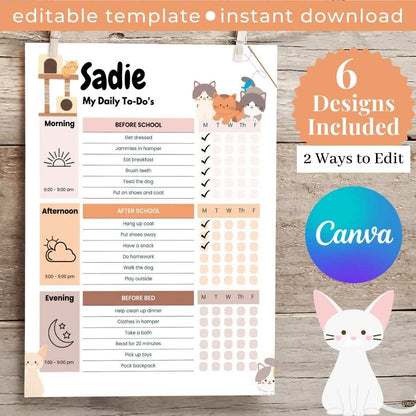 Cat Lover Editable Daily Routine Checklist by Birchmark Designs