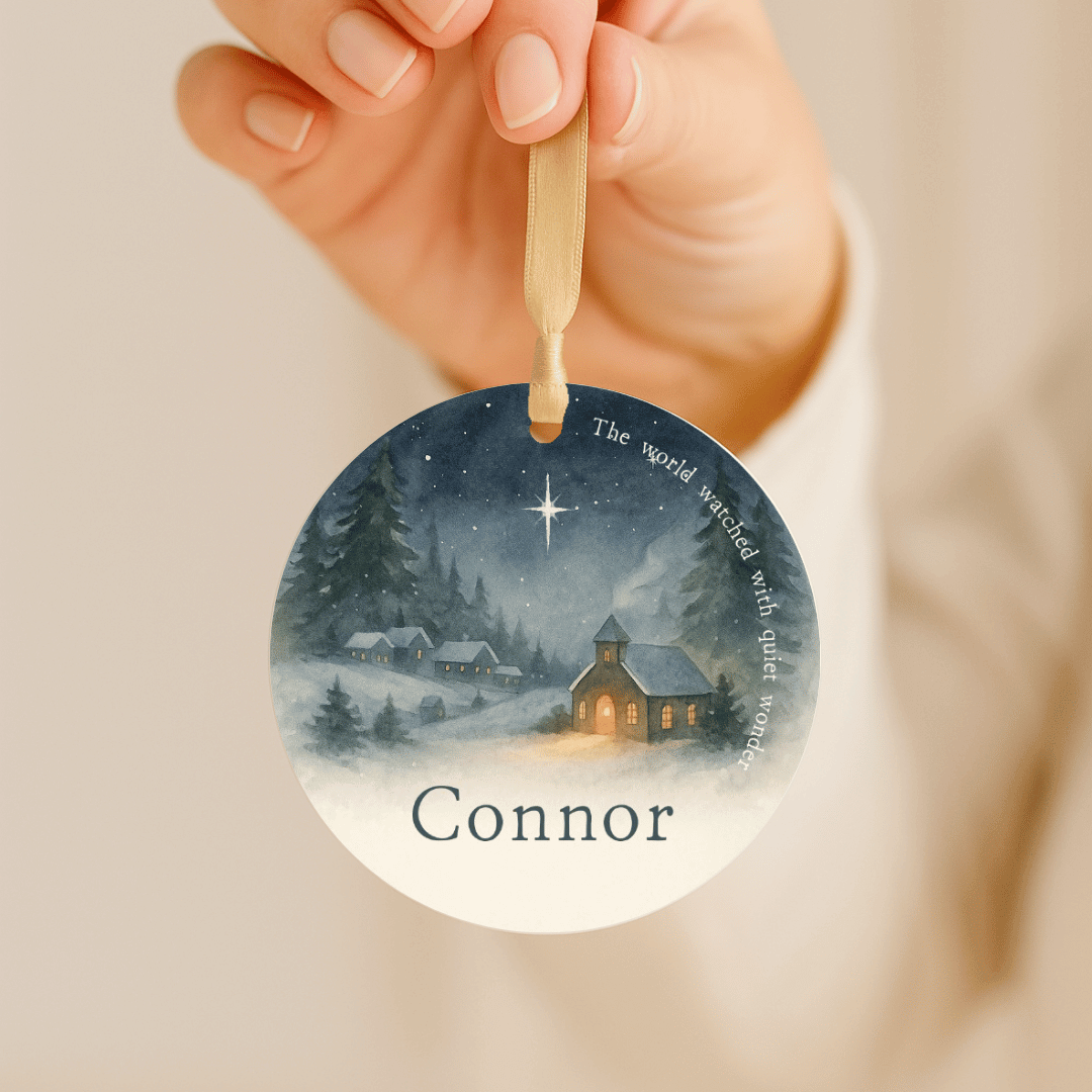 Personalized Christmas ornament featuring a storybook inspired starry night