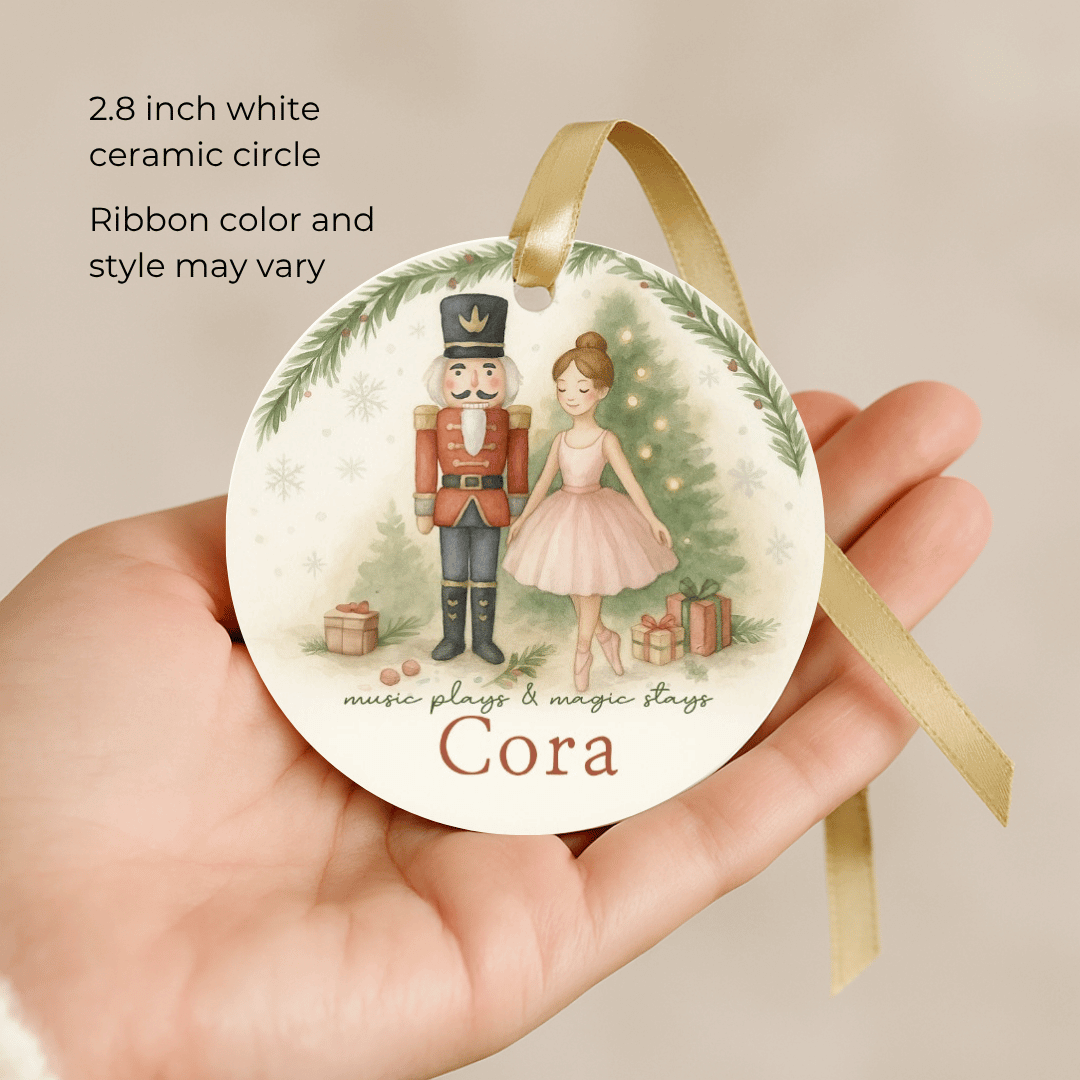Personalized Christmas ornament with ballerina and nutcracker in a woman&