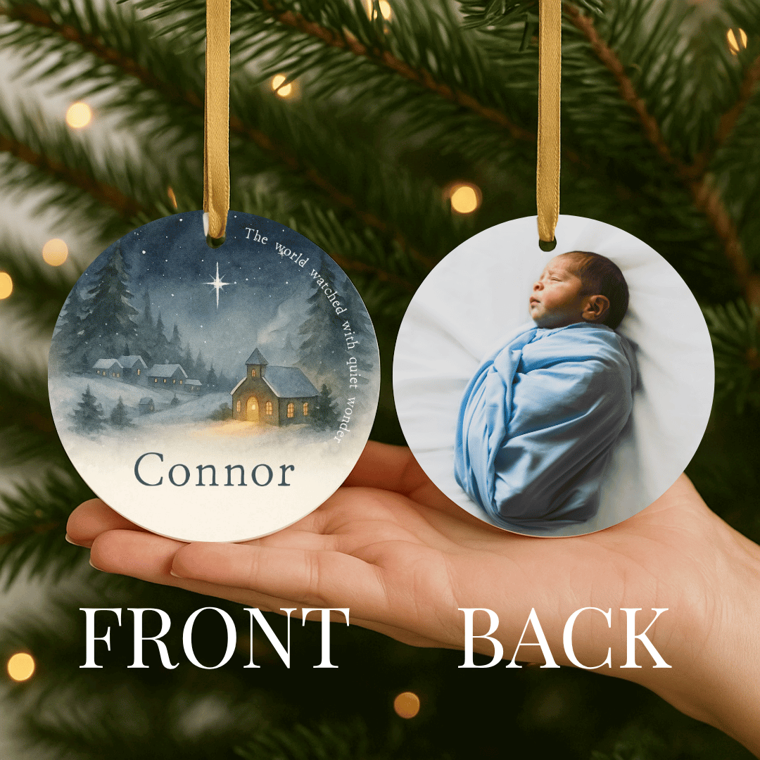 Personalized Christmas ornament featuring a storybook inspired starry night on one side and a photograph on the other