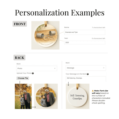 Personalization examples for ornaments with room for a name, year, message, and photo