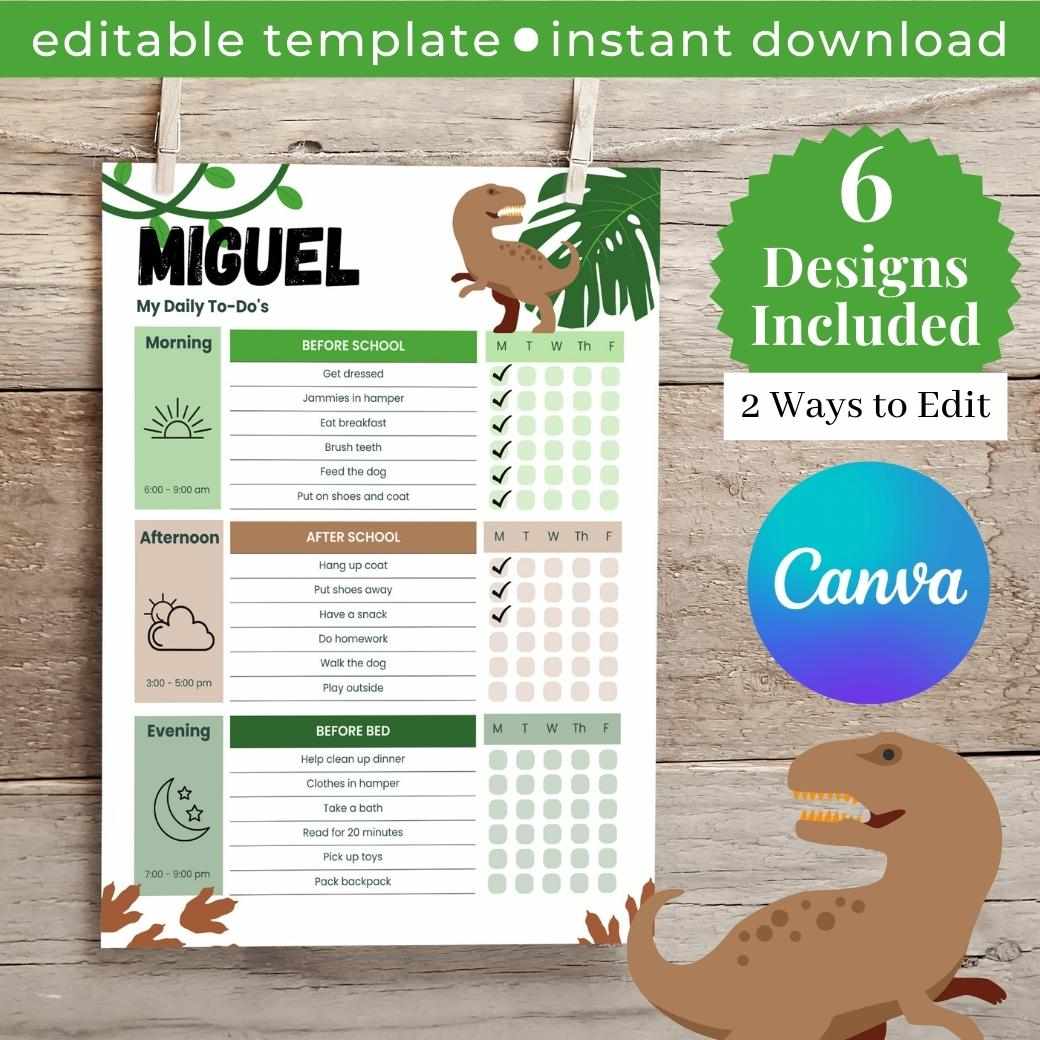 Dino Fan Editable Daily Routine Checklist by Birchmark Designs