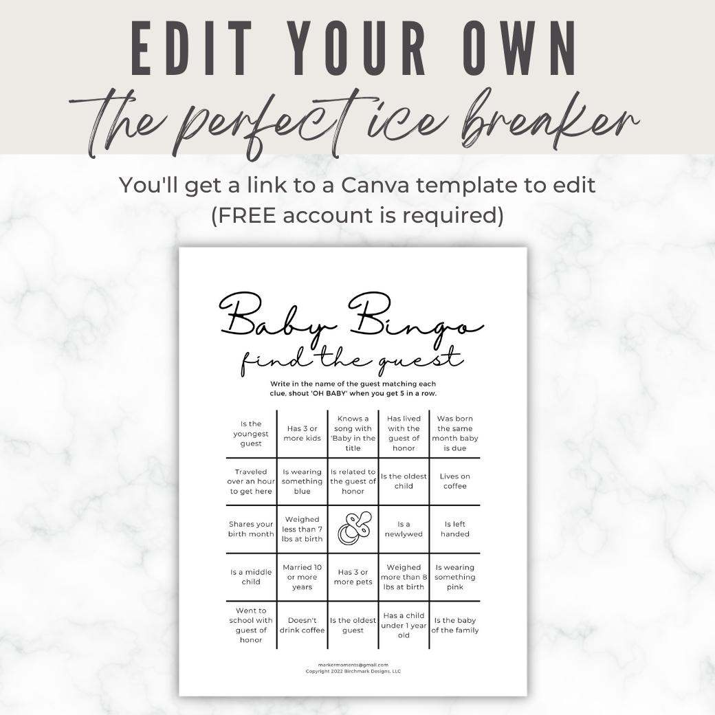 Printable Baby Shower Bingo by Birchmark Designs