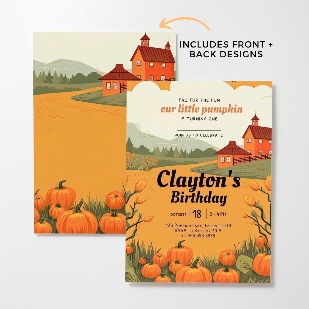 Fall Pumpkin First Birthday Invite by Birchmark Designs