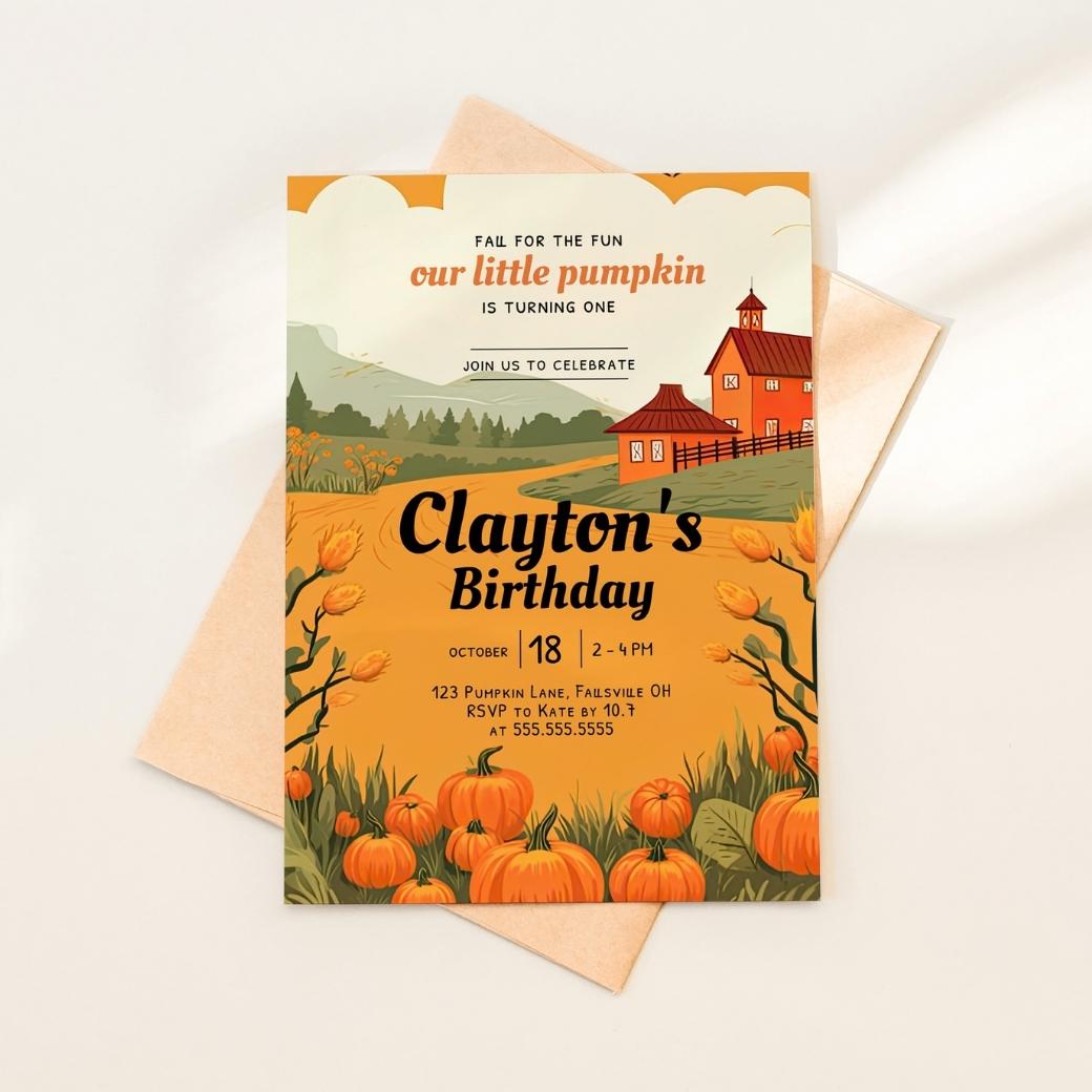 Fall Pumpkin First Birthday Invite by Birchmark Designs