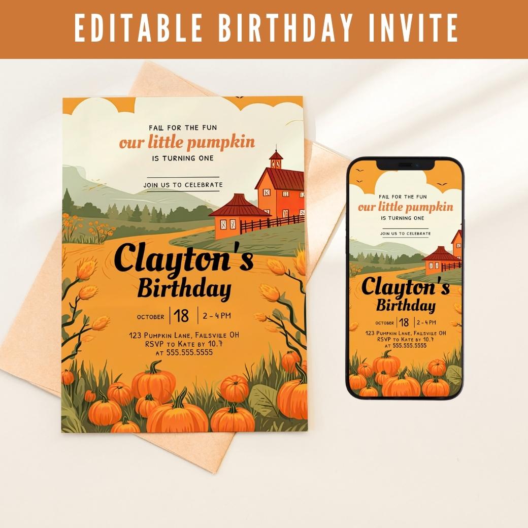 Fall Pumpkin First Birthday Invite by Birchmark Designs