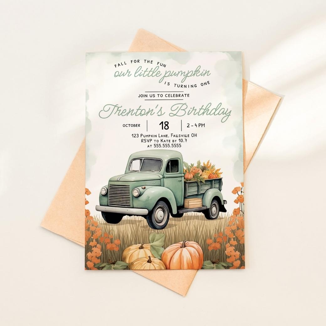 Fall Truck First Birthday Invite by Birchmark Designs