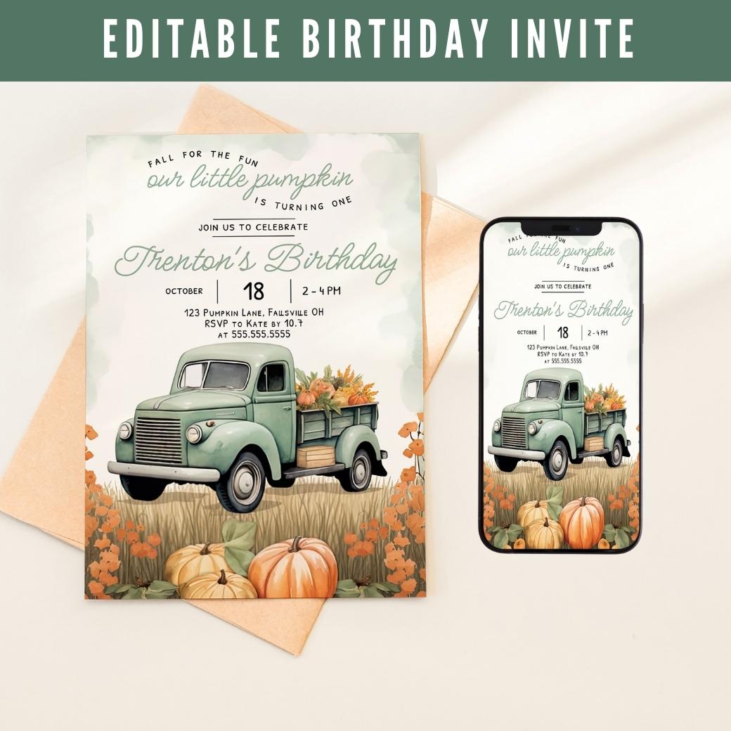 Fall Truck First Birthday Invite by Birchmark Designs