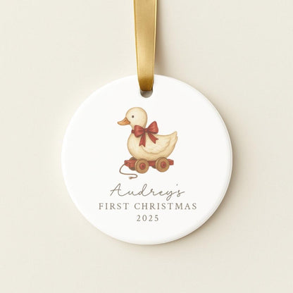 Round personalized ceramic ornament with a duck pull toy for baby&