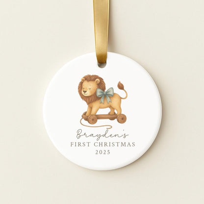 Round personalized ceramic ornament with a lion pull toy for baby&