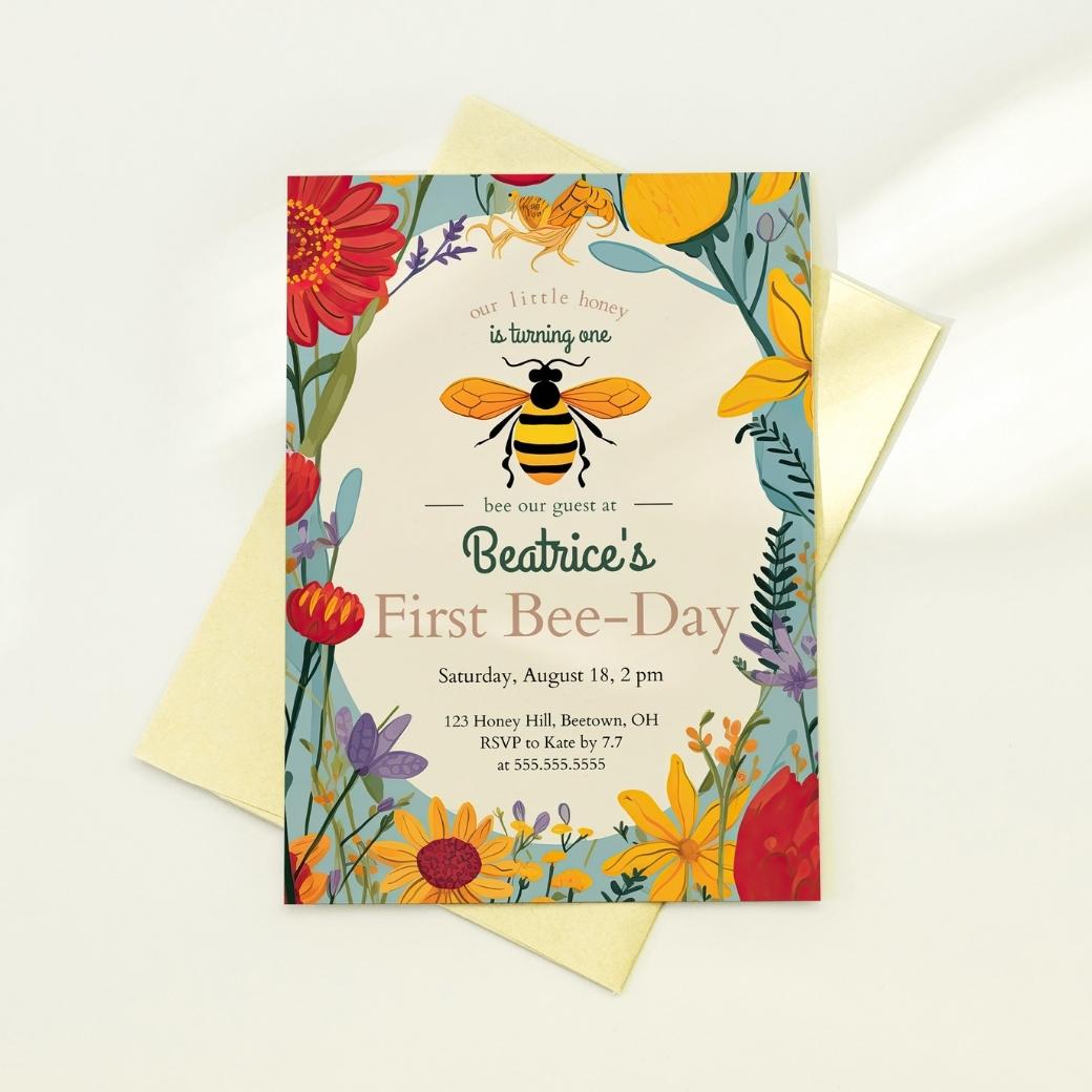 First Bee Day Birthday Invite by Birchmark Designs