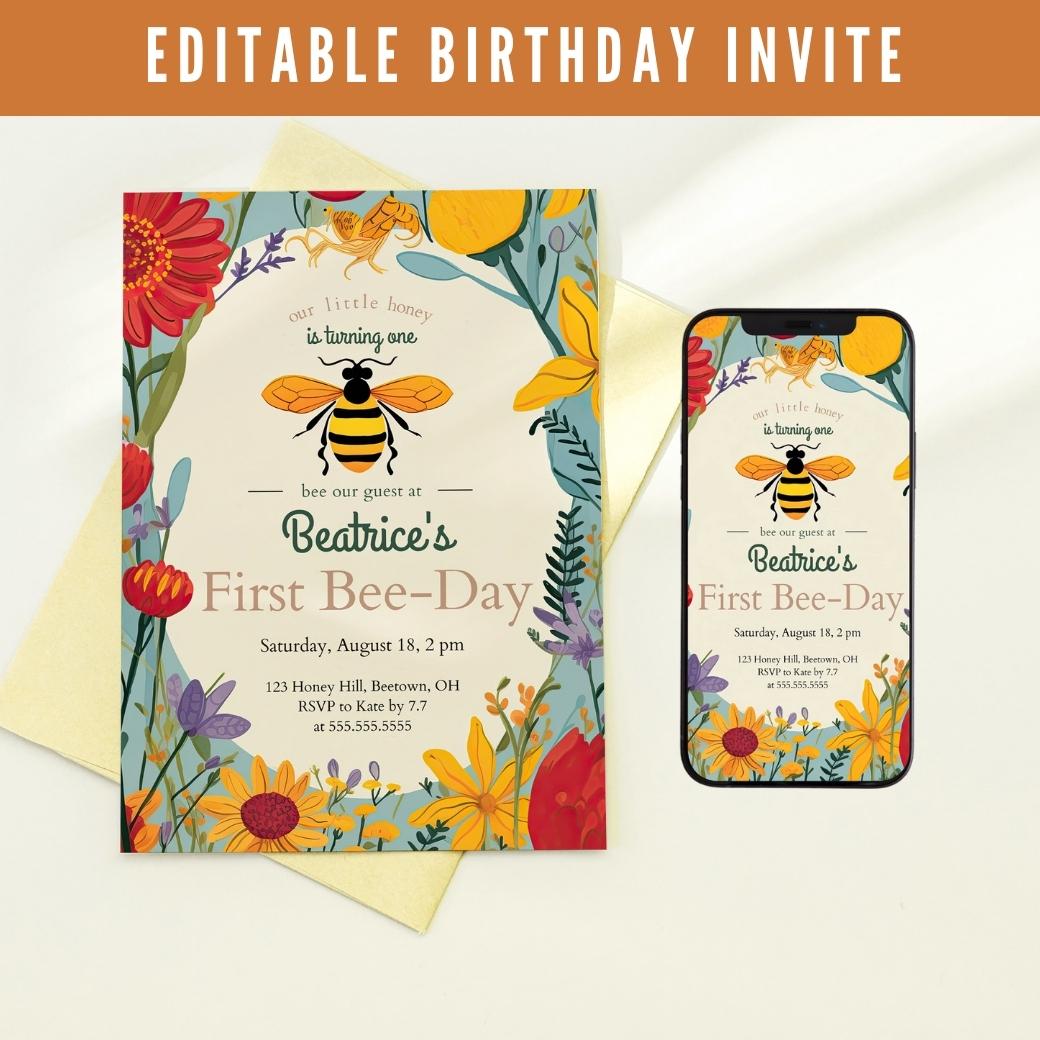 First Bee Day Birthday Invite by Birchmark Designs