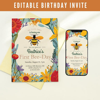 First Bee Day Birthday Invite by Birchmark Designs