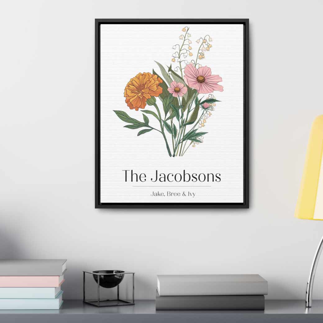 framed birth flower bouquet in an office