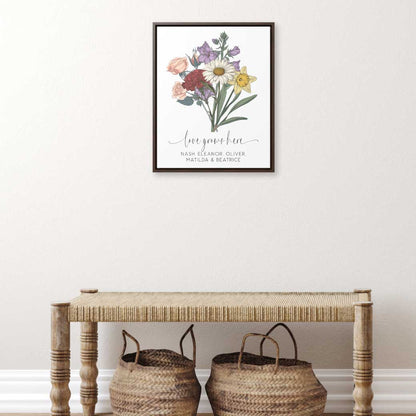 framed birth flower bouquet with a bench