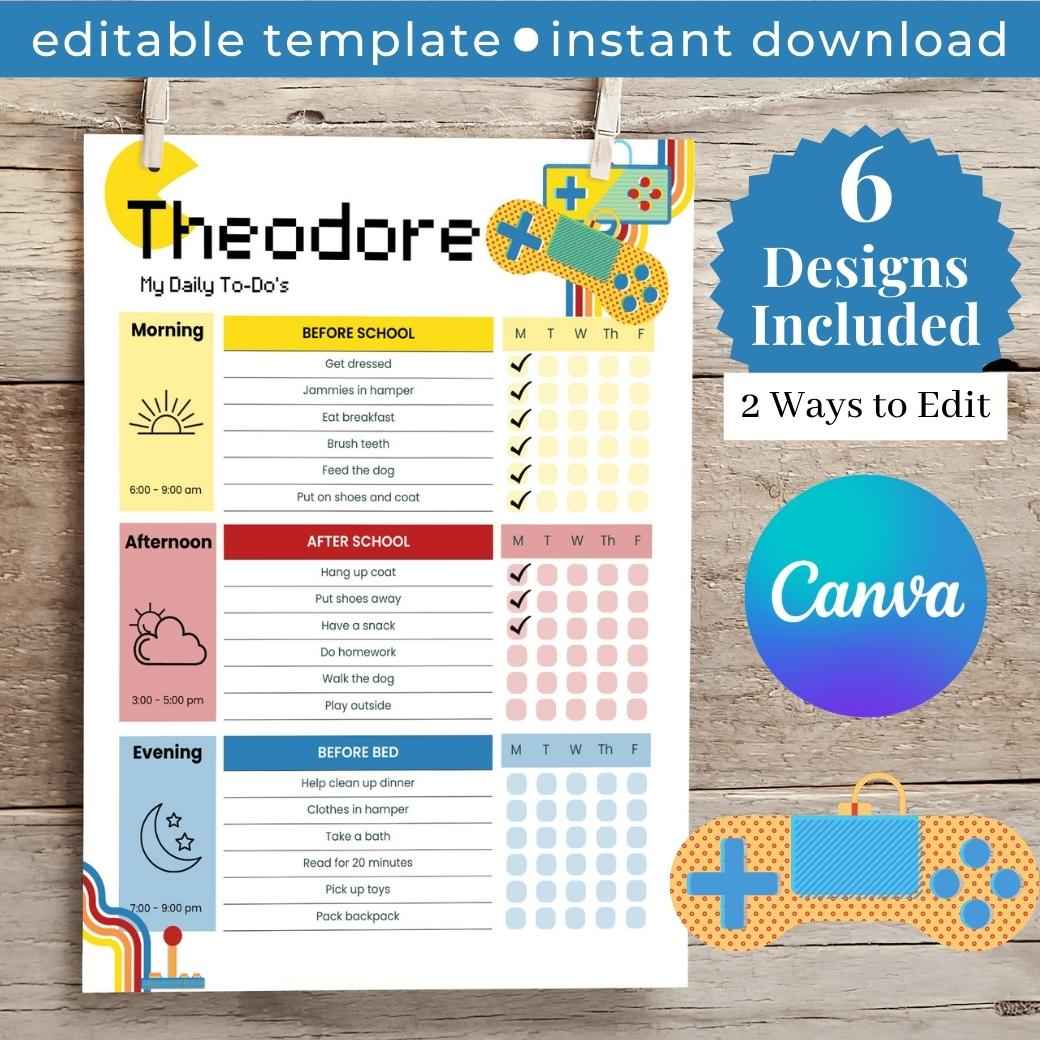 Gamer Editable Daily Routine Checklist by Birchmark Designs