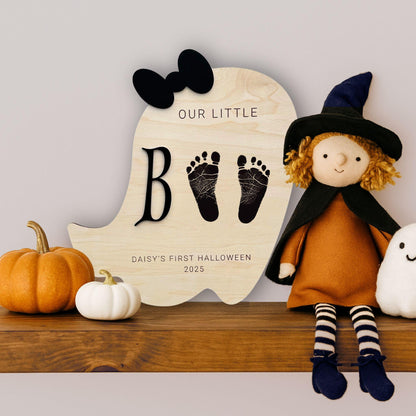 Baby footprint board in ghost silhouette for Halloween memories