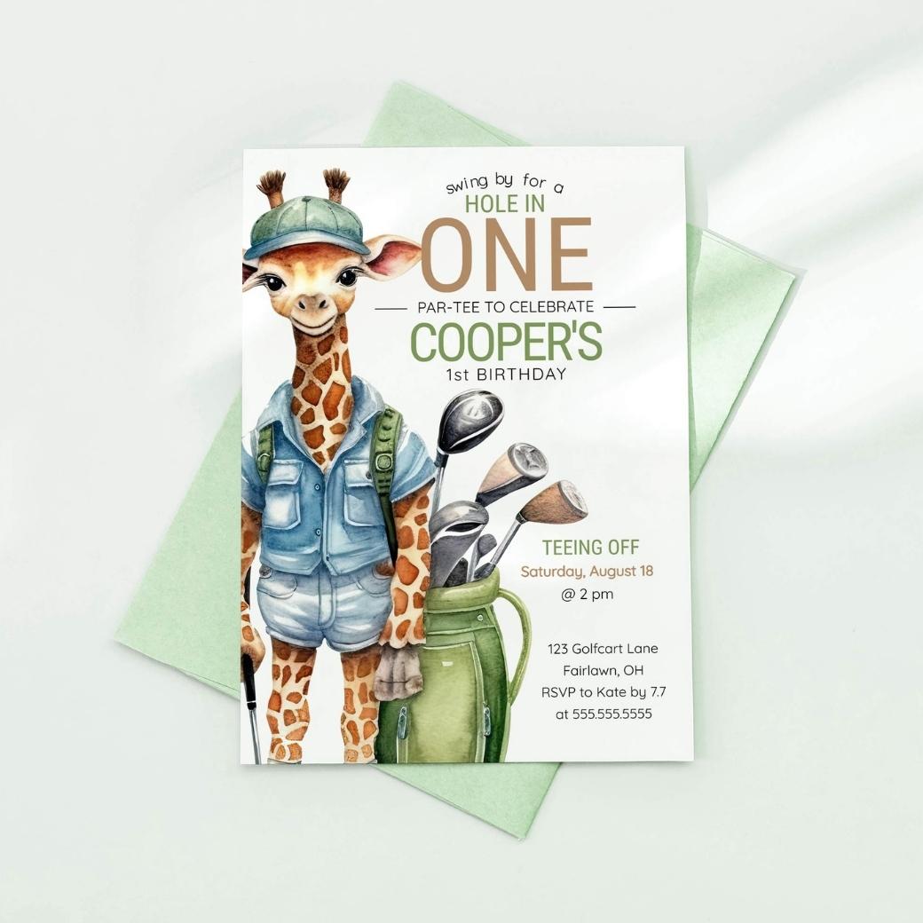 Golfing Giraffe First Birthday Invite by Birchmark Designs