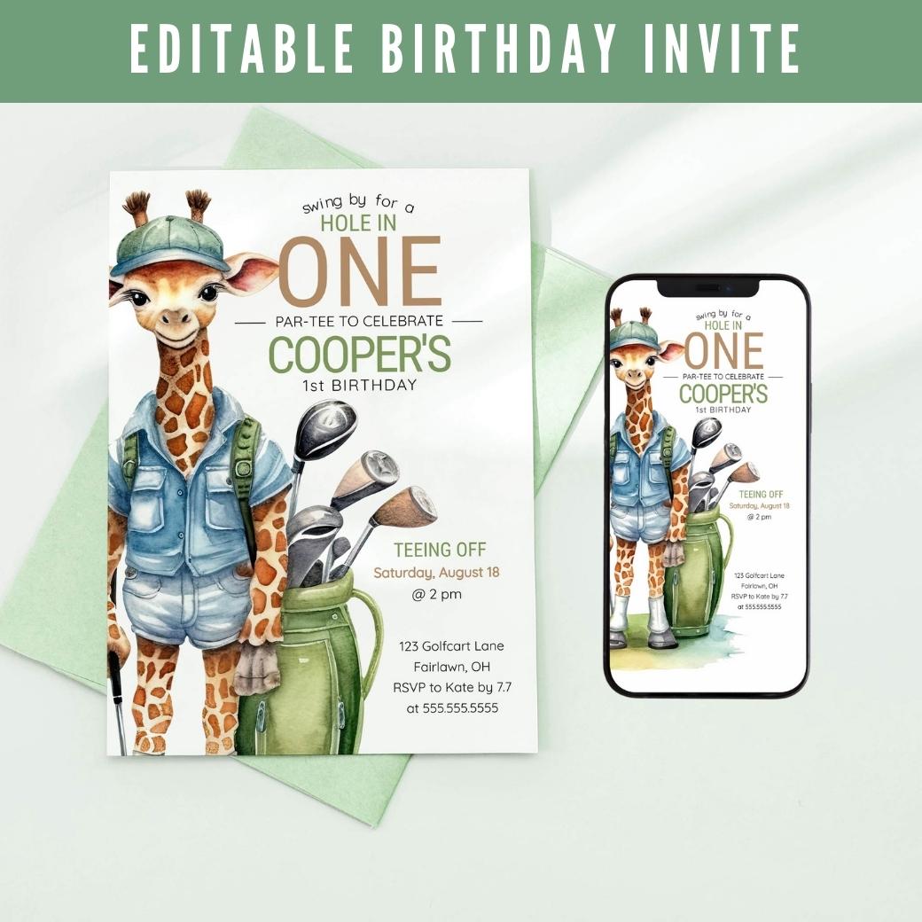 Golfing Giraffe First Birthday Invite by Birchmark Designs