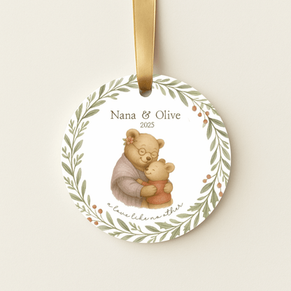 Personalized ceramic Christmas ornament with hugging bears, for grandmas and a grandchild
