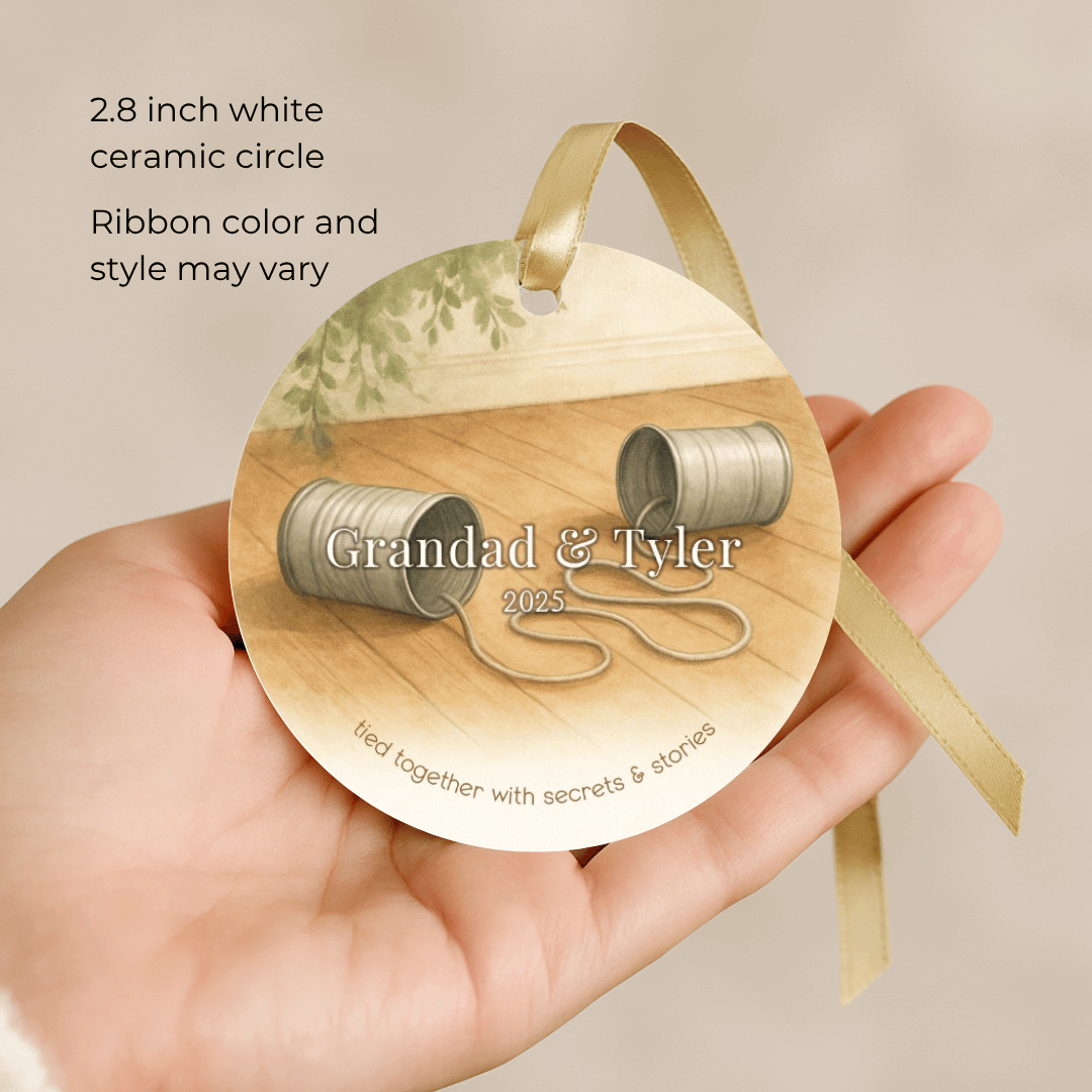 Personalized ceramic Christmas ornament with tin can phones for grandpa and a grandchild